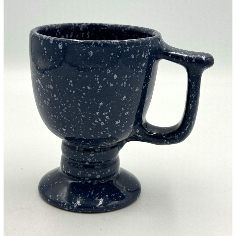 Frankoma Blue White Speckled Ceramic Pedestal Mug w/ Handle 4"H 3.5" Dia